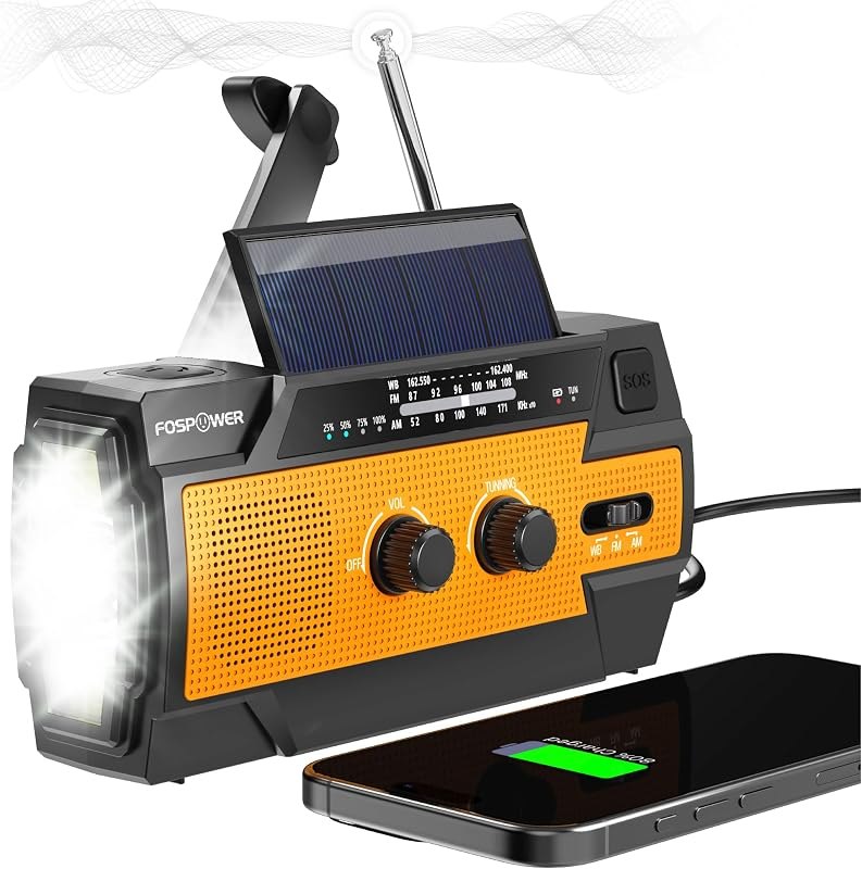 FosPower NOAA Emergency Weather Radio A3 14800mWh Portable Power Bank, AM/FM, USB/Solar/Hand Crank Charging, SOS Alarm