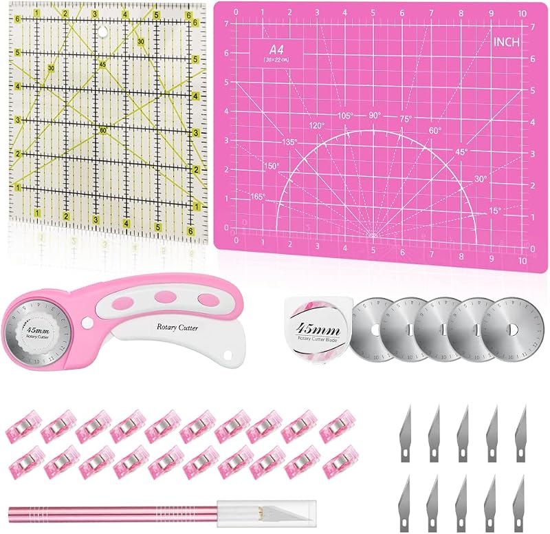 39 Pcs Rotary Cutter Set Pink - Quilting Kit incl. 45mm Fabric Cutter with 5 Extra Blades, A4 Cutting Mat, Craft Knife