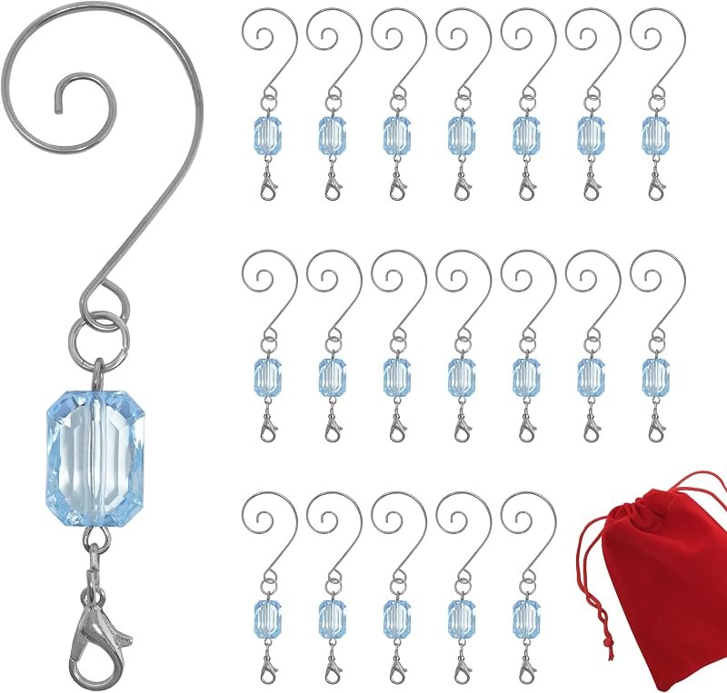 Christmas Ornament Hooks, Light Blue Acrylic Jewel Ornament Hangers with Silver Wire, Decorative Tree Hooks with
