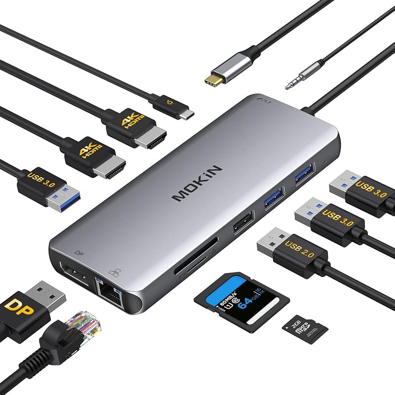 USB C Docking Station Dual Monitor,MOKiN Triple Display USB C Hub with 2 HDMI, DisplayPort, 100W PD, 4*USB,Gigabit