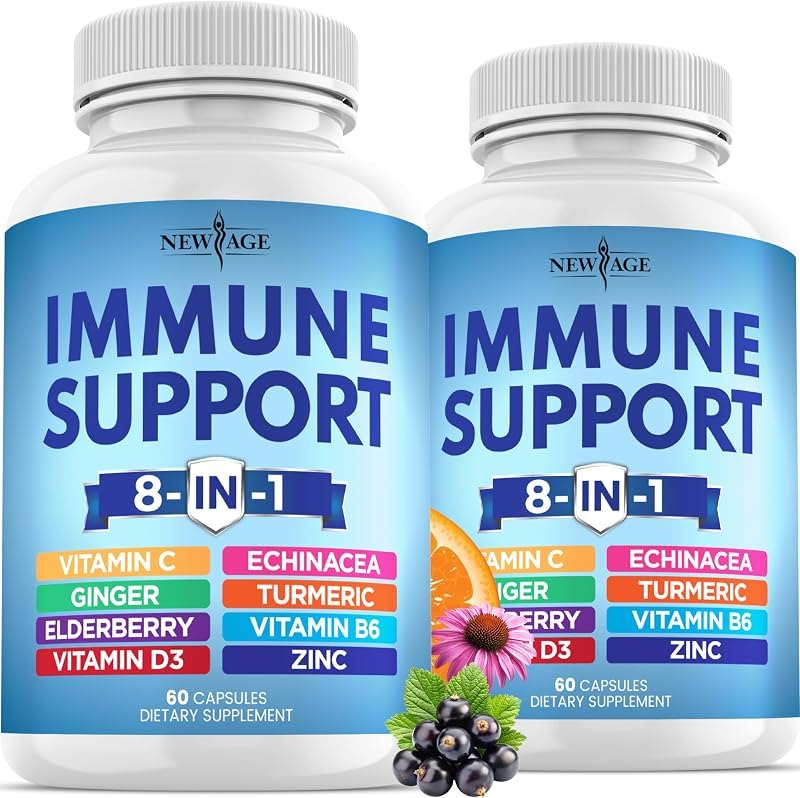 NEW AGE 8 in 1 Immune Support Booster Supplement with Echinacea, Vitamin C and Zinc 50mg, Vitamin D 5000 IU, Turmeric
