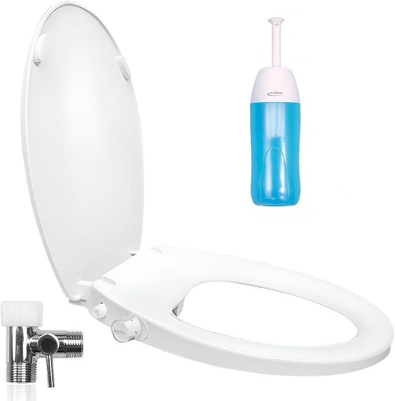 GenieBidet Bidet Toilet Seat Elongated - Dual Nozzles with T adapter & Bottle - Adjustable Water Pressure & Slow Close