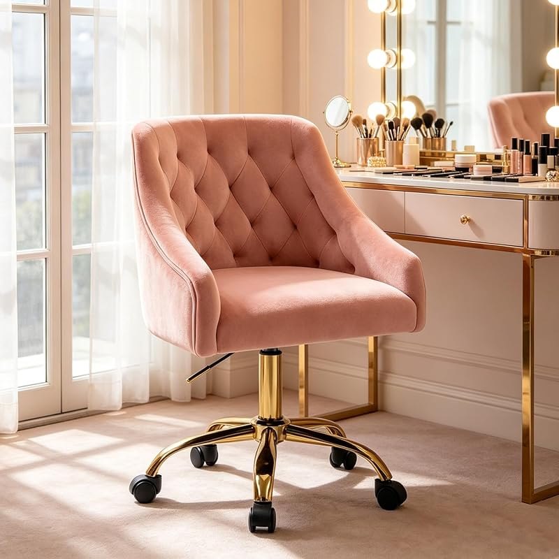 MOJAY Velvet Home Office Desk Chair, Vanity Chair with Wheels Pretty Fancy Gold 360°Swivel Height Adjustable Office