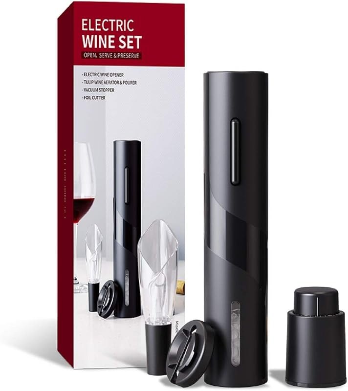ueecool Electric Wine Opener Set, Automatic Corkscrew Set Contains Foil Cutter, Vacuum Stopper with Time mark, Wine