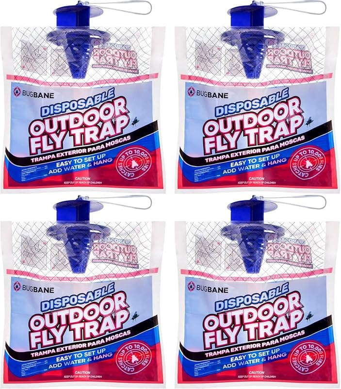 Fly Traps Outdoor Fly Trap for Patio. 4 Non-Toxic Pre-Baited Flies Bags Outdoor Disposable. Hanging Bug Catchers for