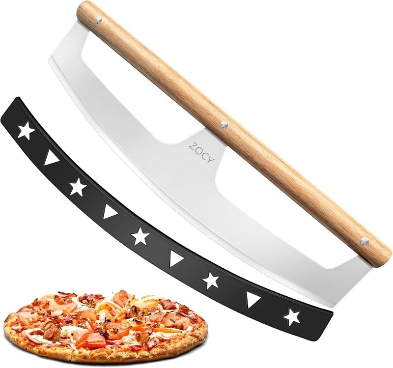 Pizza Cutter Rocker with Wooden Handles & Protective Cover by ZOCY, 16" Sharp Stainless Steel Pizza Slicer Wheel, Big