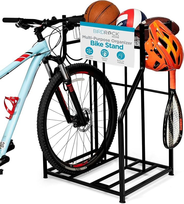 BIRDROCK HOME 2 Bike Stand for Garage Storage with Top Basket for Gear — garage floor stand for garage floor stand