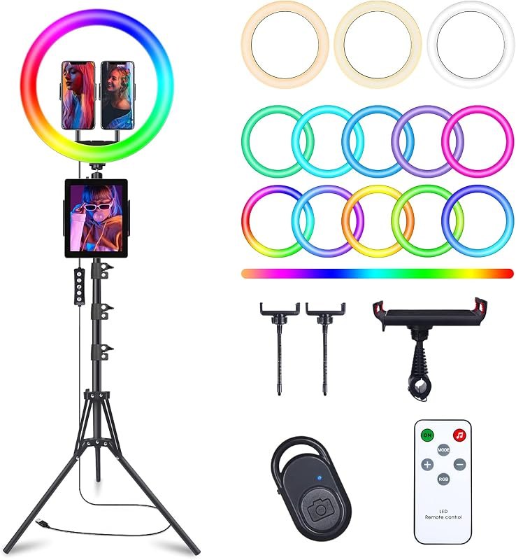 13" Selfie Ring Light with 76" Tripod Stand & 3 Phone Holder, LED Camera Ringlight with 48 RGB Colors Modes & Musical