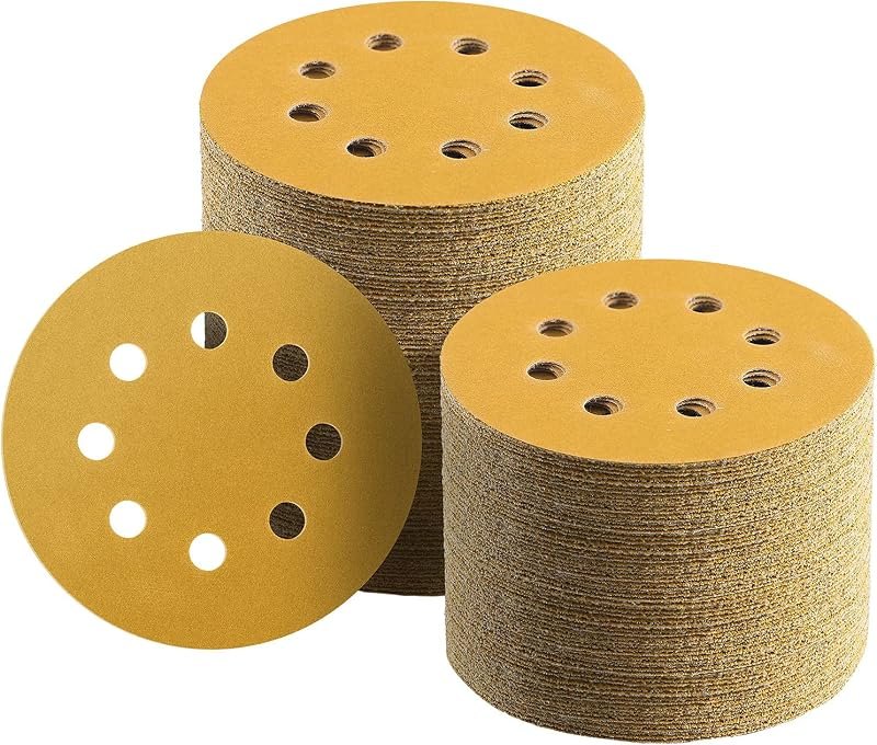100 Pcs 5 Inch Sanding Discs Hook and Loop, 220 Grit Sandpaper for Woodworking or Automotive, 8 Hole Gold Premium
