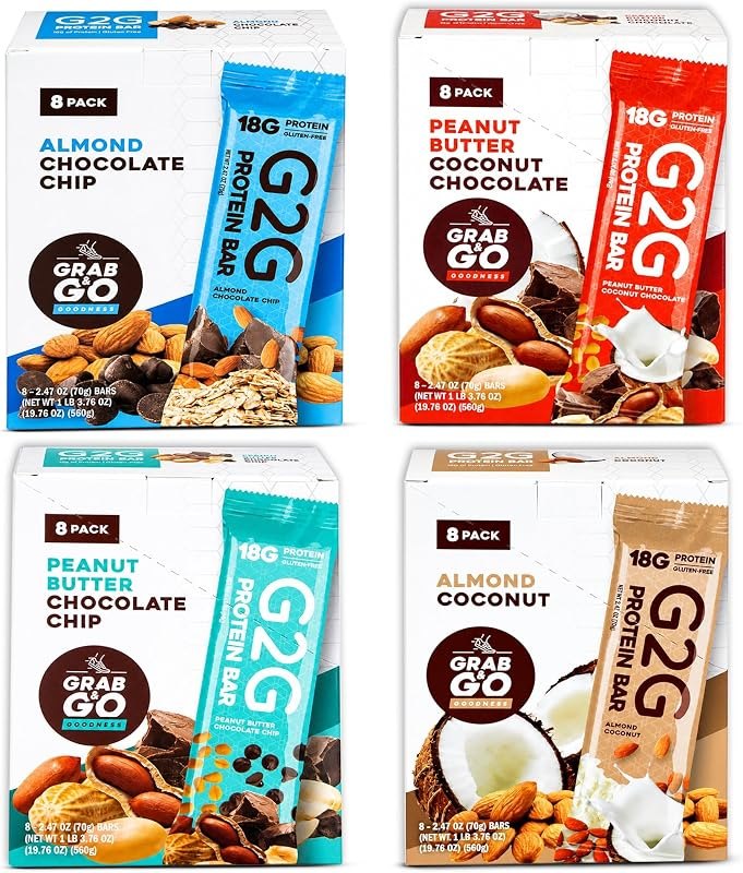 G2G Bar, 4 Pack, Peanut Butter Choc Chip, Peanut Butter Coconut, Almond Coconut, Almond Chocolate Chip — bars for