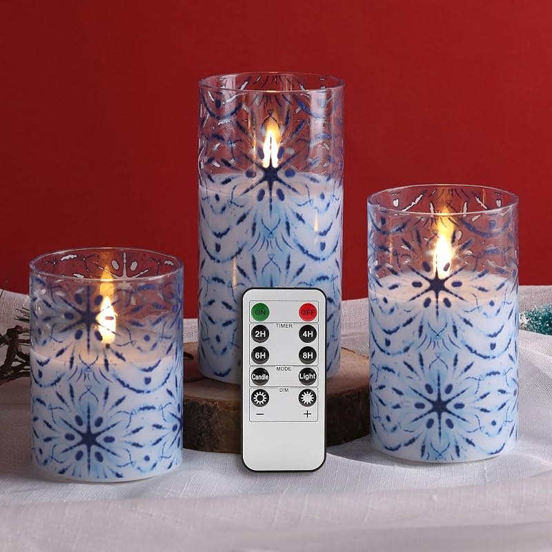 Blue Snowflakes Glass Christmas LED Pillar Candles with Remote Set of 3 — snow desk holder for snow desk holder