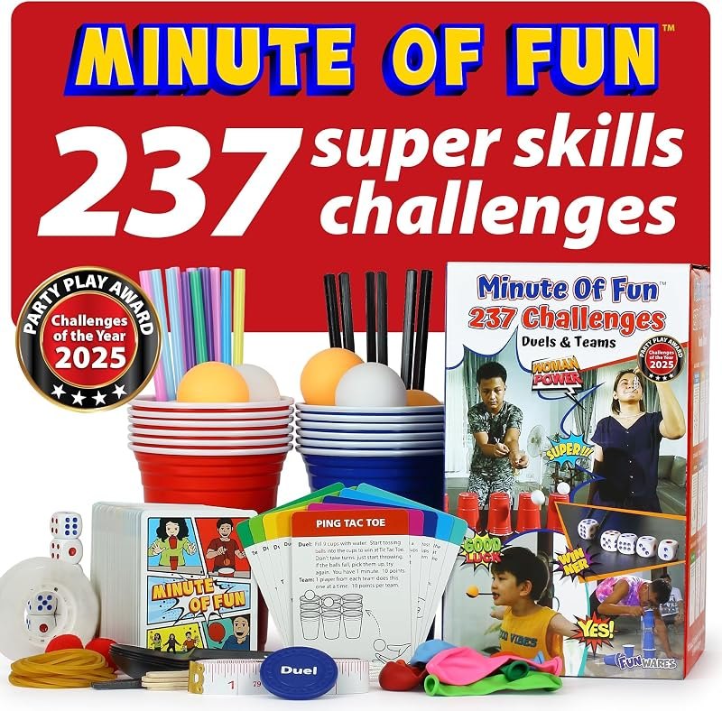 Funwares Original 237 Minute of Fun Games - Minute to Win It Family Party & Travel for Kids & Adults, 2-12 Players!