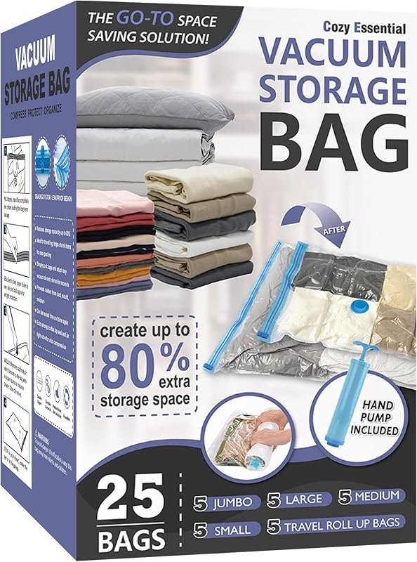 Vacuum Storage Bags with Hand Pump, Vacuum Seal Space Saver Bags,25 Combo — Bins, hangers, and vacuum bags. for bins