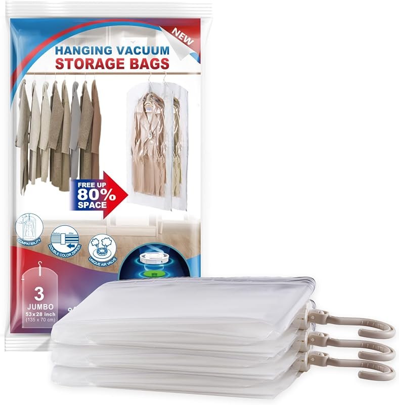 Hanging Vacuum Storage Bags, Space Saver Vacuum Seal Bags for Cloth, 3 Long — Bins, hangers, and vacuum bags. kit for