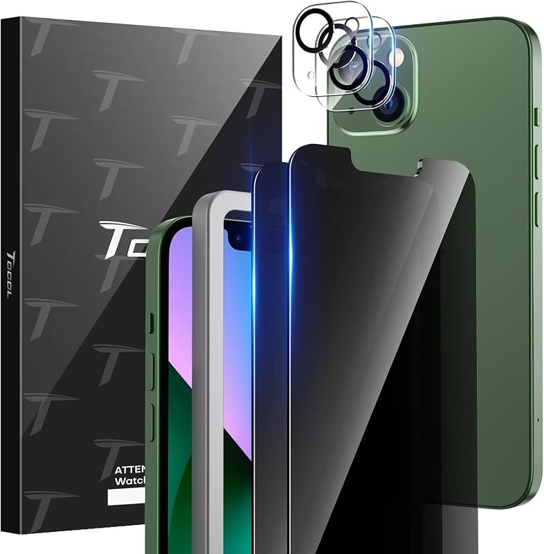 TOCOL [2+2 Pack Fit for iPhone 13 6.1'' - Privacy Tempered Glass Screen Protector and Camera Lens Protector, Bubble