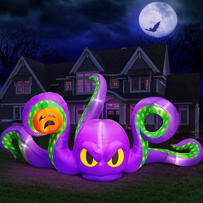 12Ft Halloween Inflatables Giant Octopus Purple Sticky Pumpkin LED Light Blow up Halloween Decor for Carnival Party