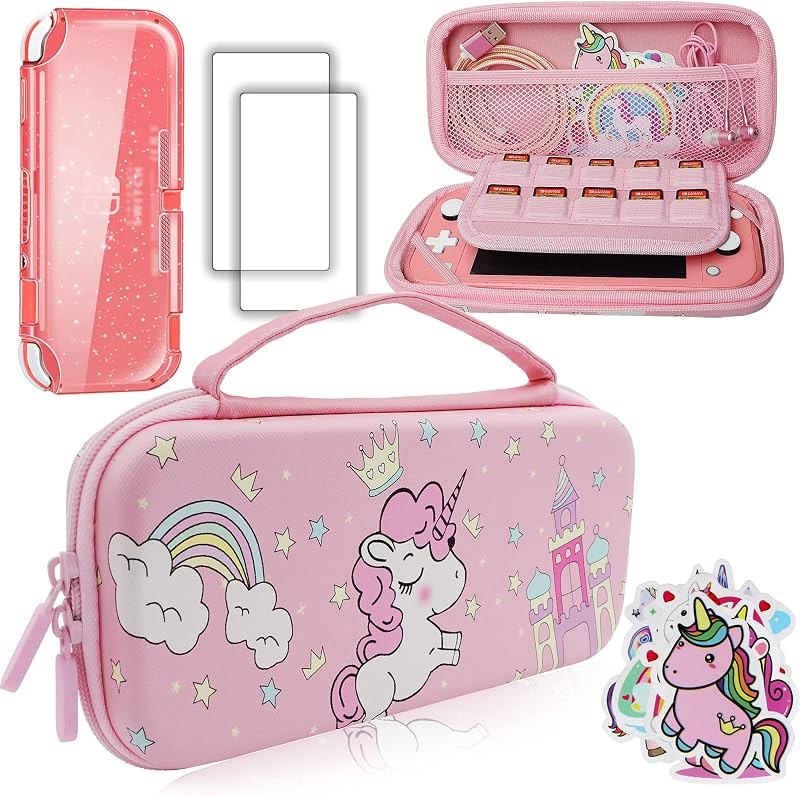 Pink Unicorn Carrying Case Compatible with Nintendo Switch Lite with Crystal Glitter Soft Protective Case Cover+Screen