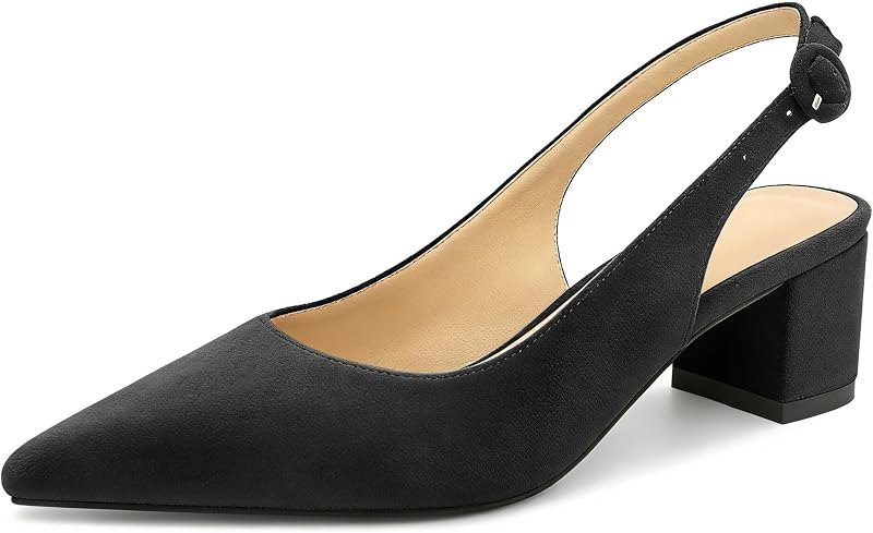 Slingback Heels Women Block Low Heel Pointed Toe Pumps Ankle Buckle Office Dress Suede Shoes 2 Inches — Heels and