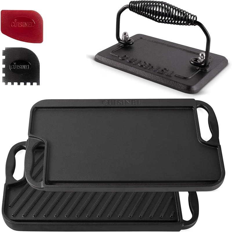 Cuisinel Cast Iron Griddle/Grill + Burger Press + Pan Scrapers - Reversible Pre-Seasoned 16.75" X 9.5"-inch Dual
