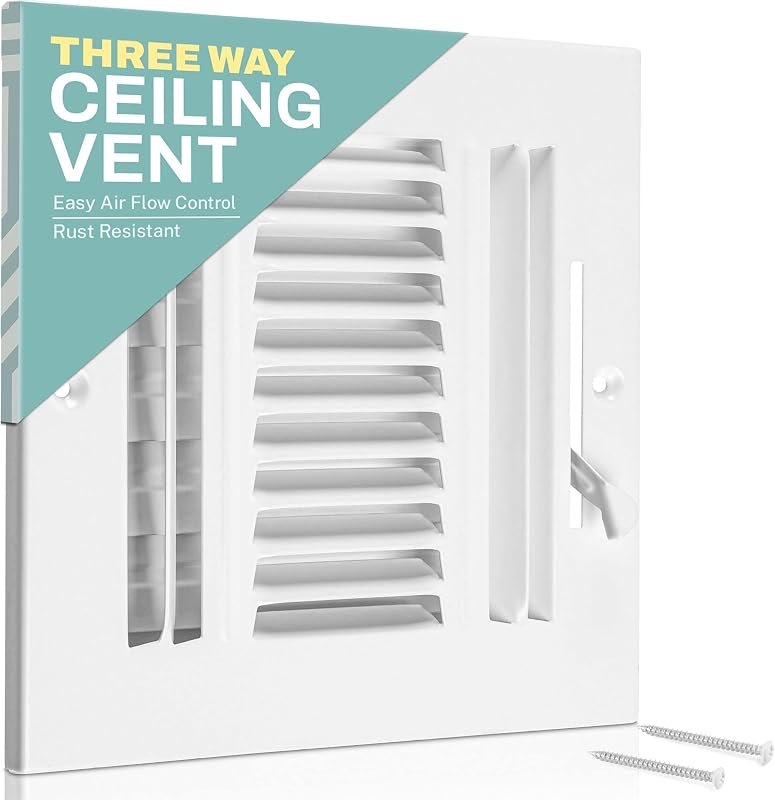 Ceiling Register - Air Vent Covers for Home Ceiling or Wall - 6X6 Inch (Duct Opening) 3-Way White Grille Register