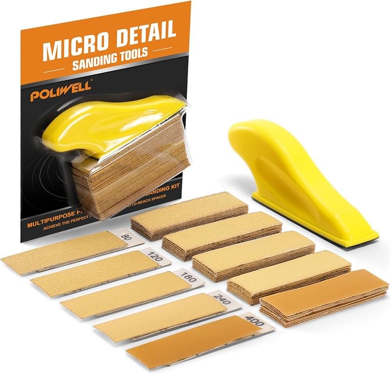 POLIWELL Micro Sander Kit 3.5” x 1” Mini Sander for Small Projects, Detail Handle Sanding Tools + Sandpaper 80 120 180