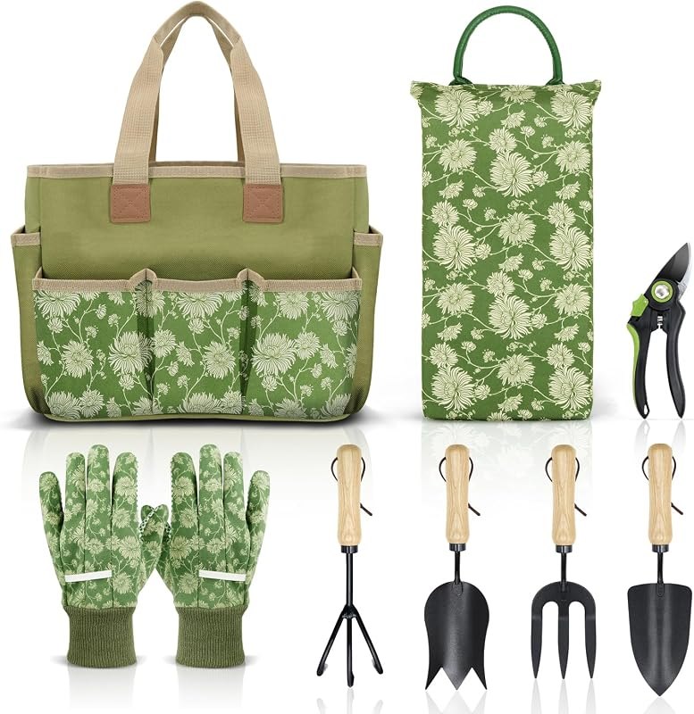Colwelt Garden Tools Set, 8 Piece, Heavy Duty Gardening Tools with Wooden Handle, Including Garden Tote, Kneeling Pad