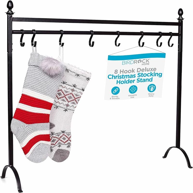 BIRDROCK HOME 8 Hook Christmas Stocking Holder Stand - Modern Holiday Decoration Holder - Black Freestanding Decor