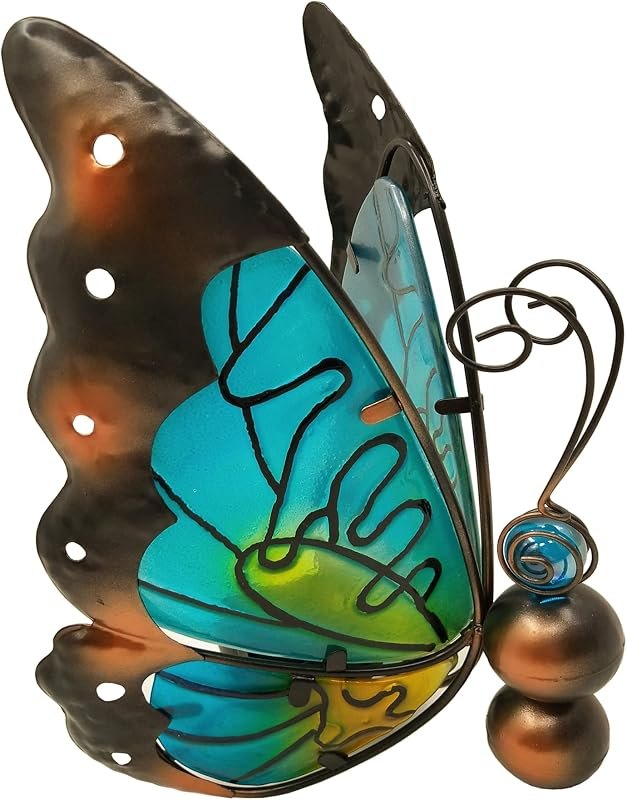 Solar Butterfly Decor with Solar LED Tealight,Metal & Glass Butterfly Ornament Indoor Outdoor Desk Decoration for