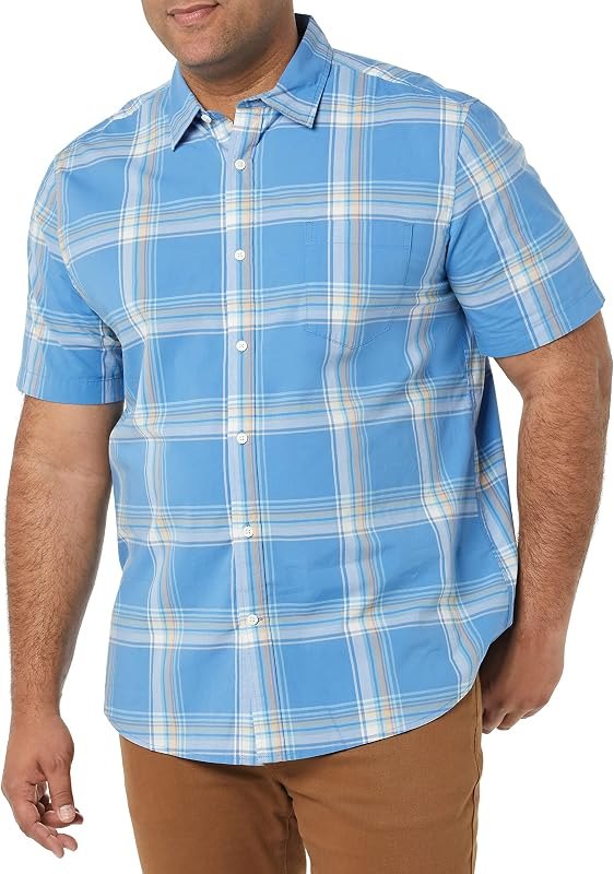 Amazon Essentials Men's Short Sleeve Dress Shirt with Stretch, Charcoal White Vertical Stripe (Available in Big &