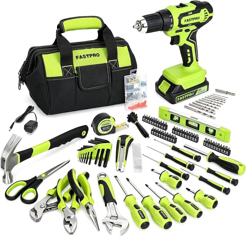 FASTPRO Home Tool Set with Drill, Household Repairing Tool Kit, Green — Hand tools and garage bits worth buy for hand