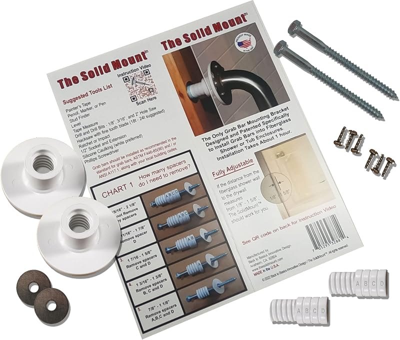 Solid Mount Grab Bar - Patented Mounting Kit for Fiberglass Wall in Bathtubs & Showers/ANSI & ADA Standards/1 Kit
