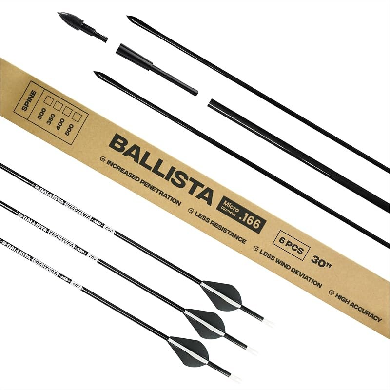 BALLISTA FRACTURA Hunting Micro Diameter Arrows for Compound and Recurve Archery Bow - Carbon 30", OD 6mm, Spine