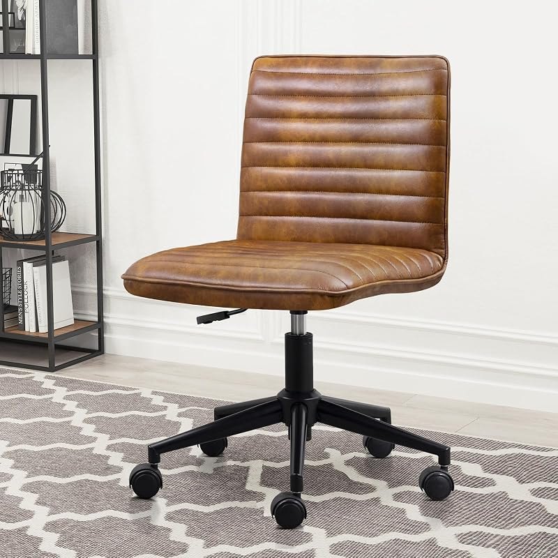 Furniliving Leather Office Chair with Wheels Armless Vanity Desk Chair 360° Swivel Computer Rolling Chair with Mid