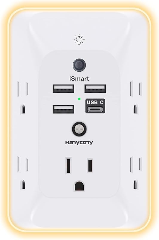 Outlet Extender with Night Light, Multi Plug Wall Outlet, Surge Protector — Plugs, cameras, lights, and small ho for