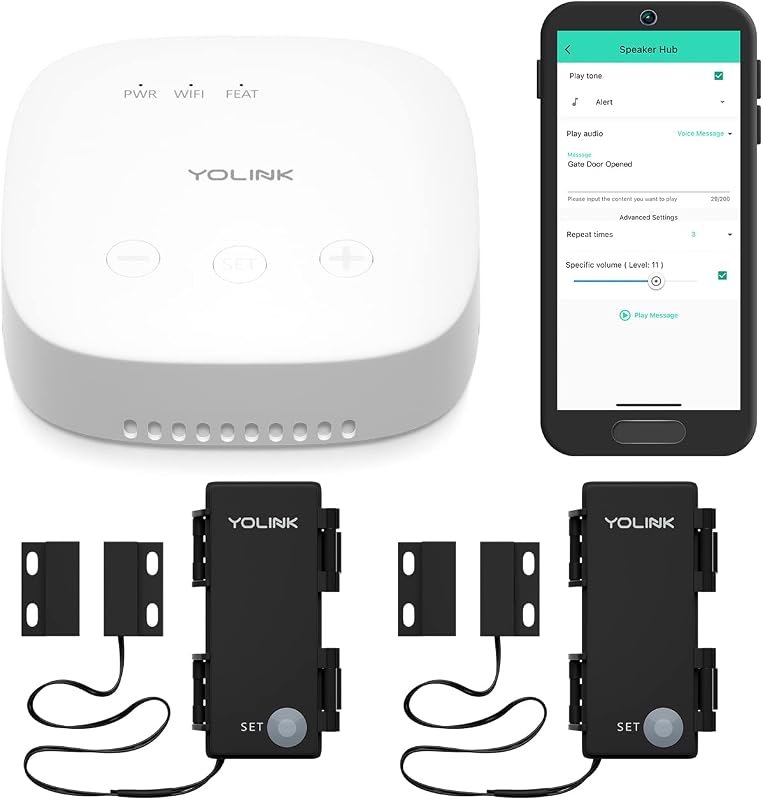 YoLink LoRa Smart Outdoor Contact Sensor & SpeakerHub Starter Kit: SpeakerHub Audio hub, (2) Gate & Shed Door Sensors