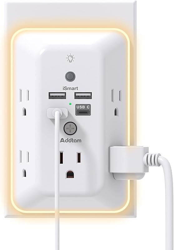 Addtam Surge Protector, 5 Outlet Extender with Night Light and 4 USB Ports — best Plugs, cameras, lights, and sma for