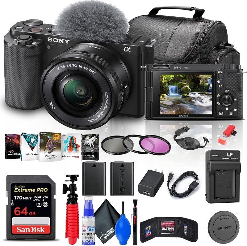 Sony ZV-E10 Mirrorless Camera with 16-50mm Lens (Black) (ILCZV-E10L/B) + 64GB Memory Card + Filter Kit + Photo