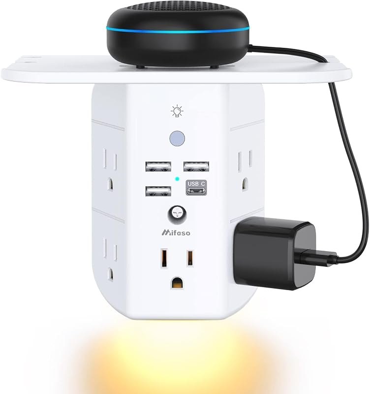 Mifaso Outlet Extender with Shelf and Night Light, 1800J Surge Protector — Plugs, cameras, lights, and small ho for