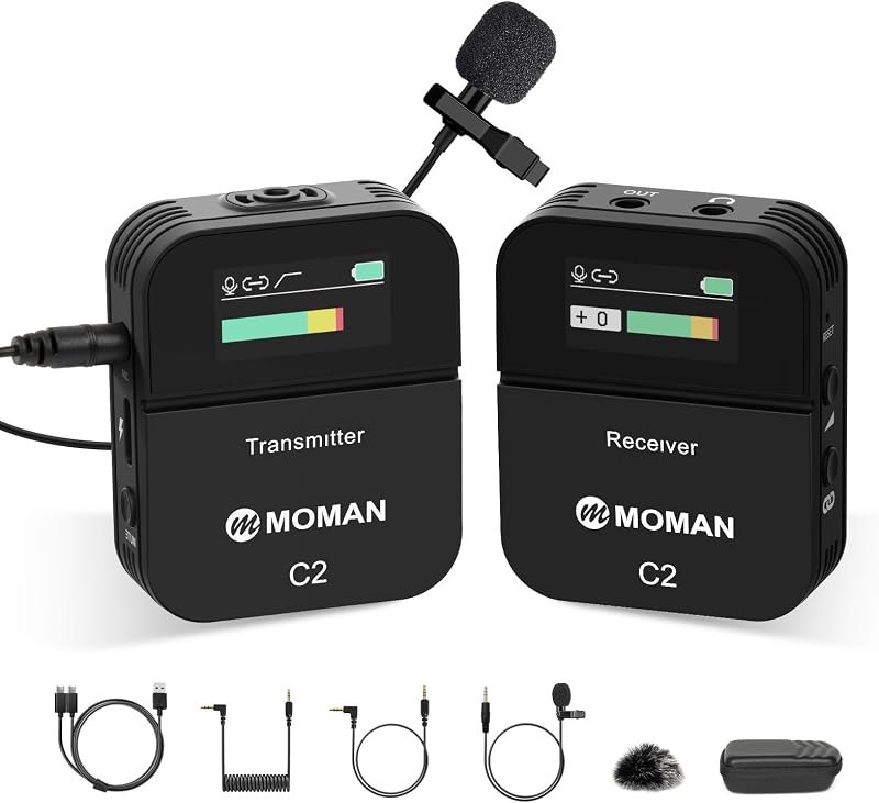 Moman C2 Wireless Lavalier Microphone, 2.4GHz Wireless Lapel Microphone System with Transmitter & 1 Receiver for DSLR