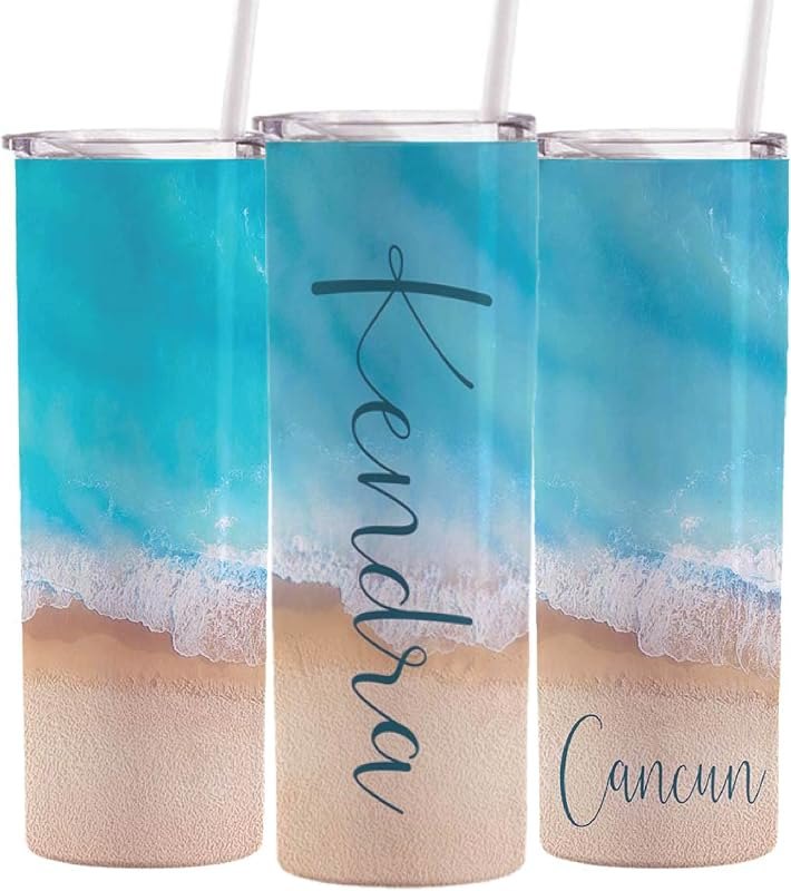 AVITO Personalized Beach Vacation Tumbler, 20 oz Skinny Tumbler with lid and straw, Beach Vacation Tumbler, Family