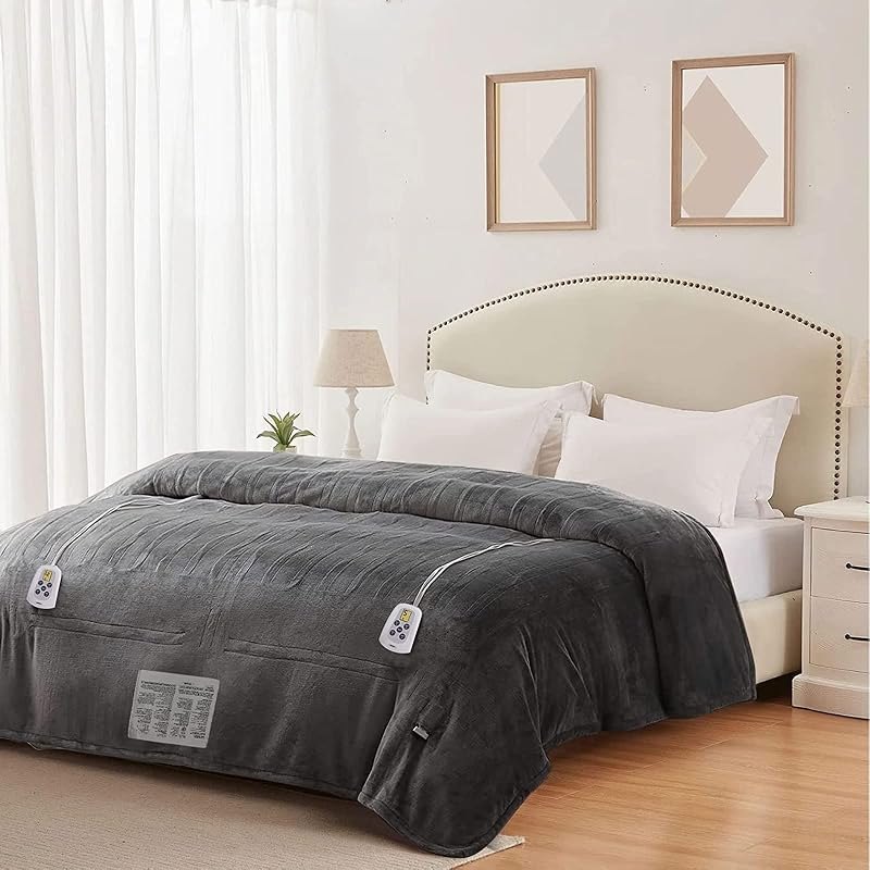 Electric Blanket King Size, Heated Blanket Dual Control Soft Flannel, 10 Heat Settings, 12 Hours Auto Off, Machine