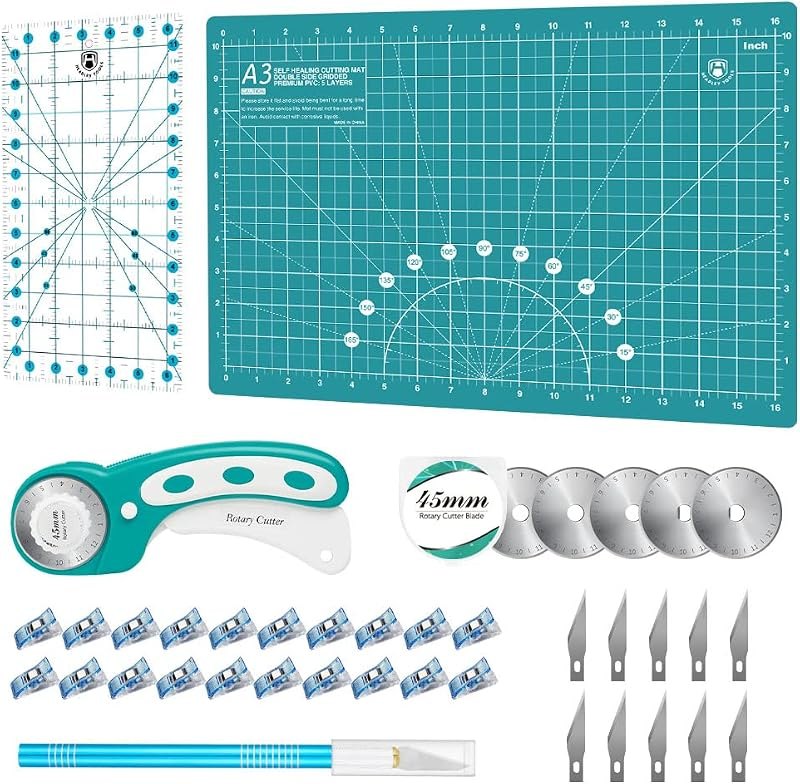 Headley Tools Rotary Cutter Set - 45mm Fabric Cutter, 5 Extra Rotary Blades, A3 Cutting Mat, Quilting Ruler and Sewing
