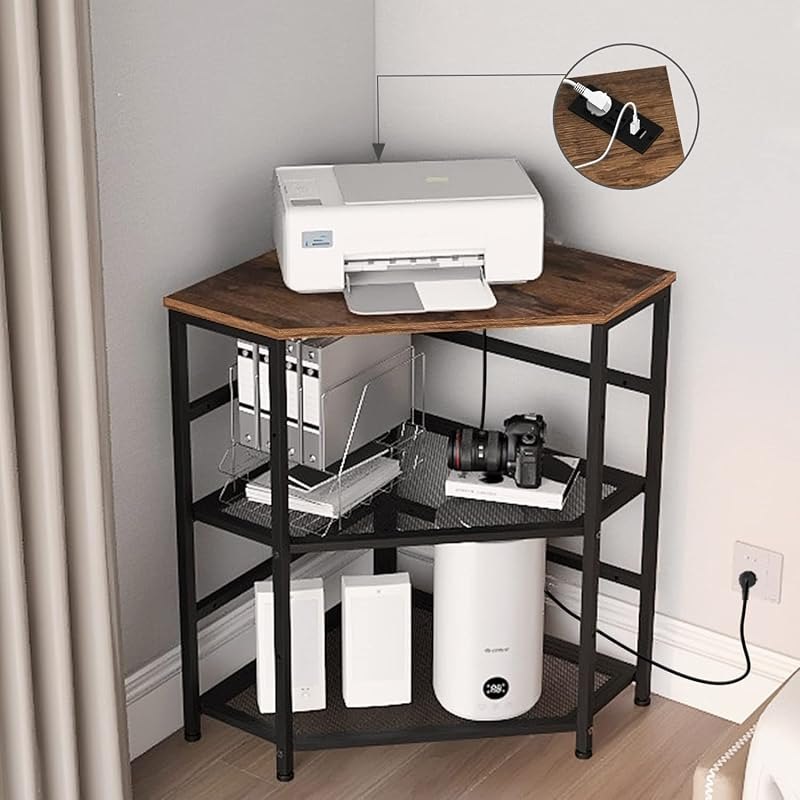 VEDECASA Corner Printer Stand Table with Power Outlet Charging Plugs USB Port Adjustable Storage Shelf Computer Tower