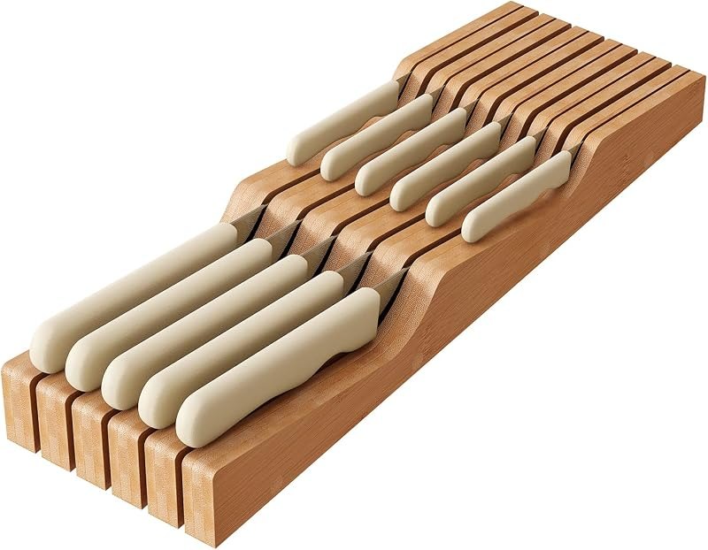 In-Drawer Knife Block Organizer - Bamboo Wood Drawer Knife Organizer-Protecting Knife Organizer Block (Not Included)