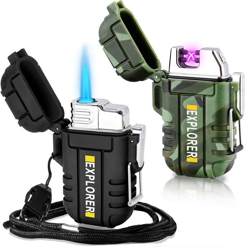 2 Pack Waterproof Lighter Outdoor Windproof Torch Lighters Dual Arc Butane Electric Lighters USB Rechargeable Lighters