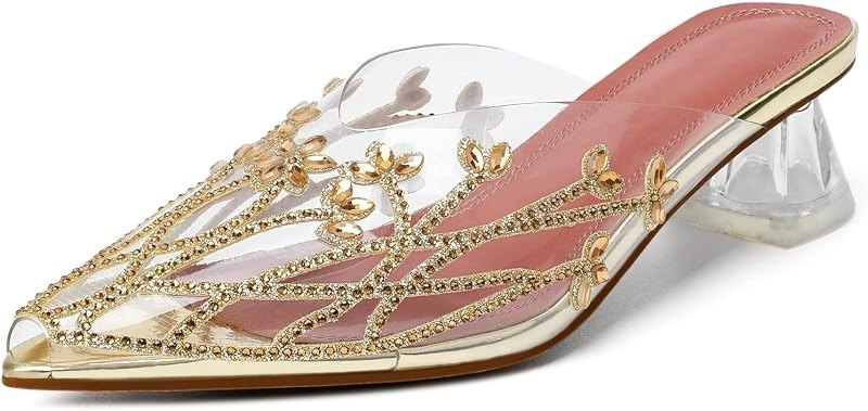 Women's Clear Mule Sandals Pointed Toe Slingback Heels Rhinestone Heels Pumps Wedding Shoes — heels Block heel sandals