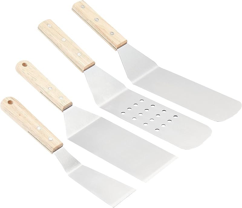 Amazon Basics 4-Piece Stainless Steel BBQ Grilling Tool Set for Outdoor Cooking, Griddle Spatula, Heat Resistant