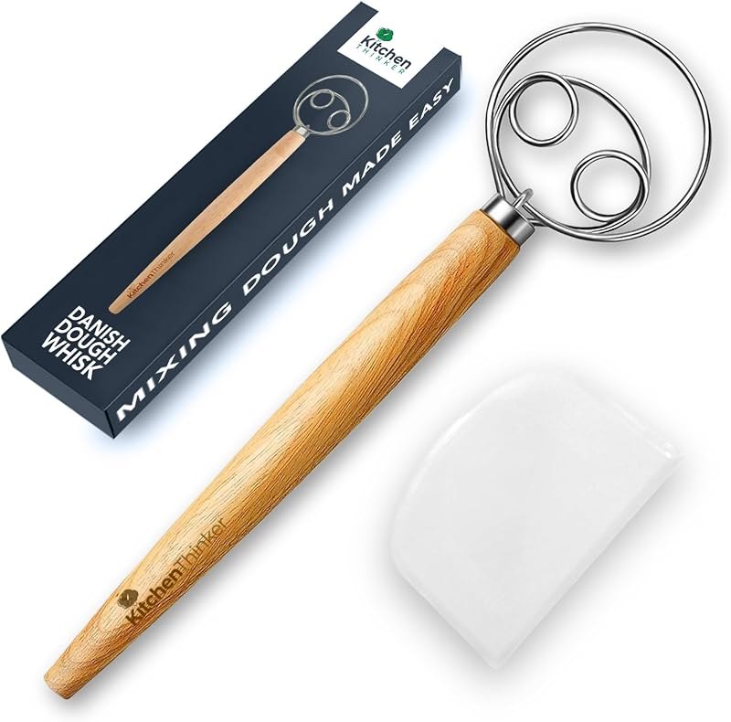 13 Inch Danish Dough Whisk with Dough Scraper, Dutch Bread Whisk with Stainless Steel Dough Hook, Sourdough Whisk for