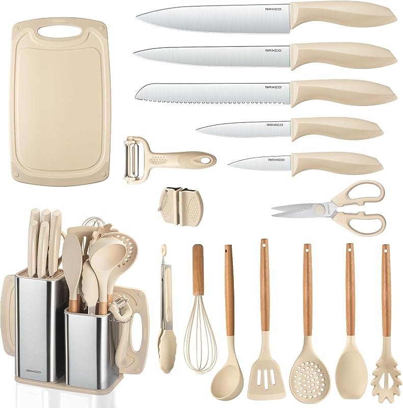 RAXCO Cooking Utensils Set,18-Piece Kitchen Utensils and Knife Set,Khiki — Pans, knives, coffee gear, and kitch for