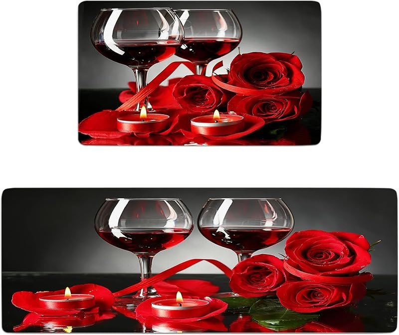 Red Kitchen Rugs and Mats Set of 2 Red Wine Rose Cushioned Anti Fatigue Kitchen Rugs Set Non-Skid Washable Kitchen